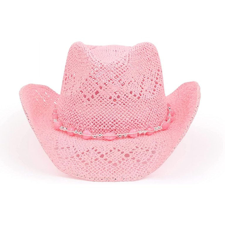 Straw Cowboy Hat with Pink Beaded Band Leather Cowboy Hat Band: Pink Beaded Western Hatband - Etsy main image 2