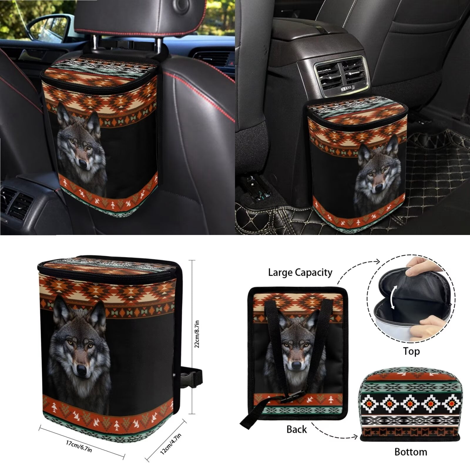 KUIFORTI Boho Car Seat Covers Full Set of 15, Wolf Car Seat Cover/Steering Wheel Cover/Seatbelt Shoulder Pads/Key Chain/Car Trash Bag/Car Vent Storage Organizer/Coasters/Rear View Mirrow Cover