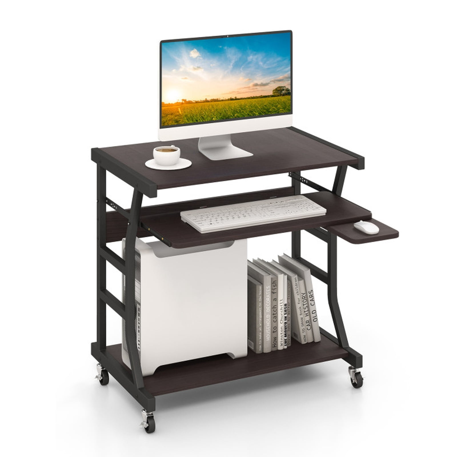 Furnibear Mobile Computer Desk with Keyboard Tray and Rotatable Mouse Tray, Small Rolling Desk with Storage Shelf and Locking Casters, Dark Brown