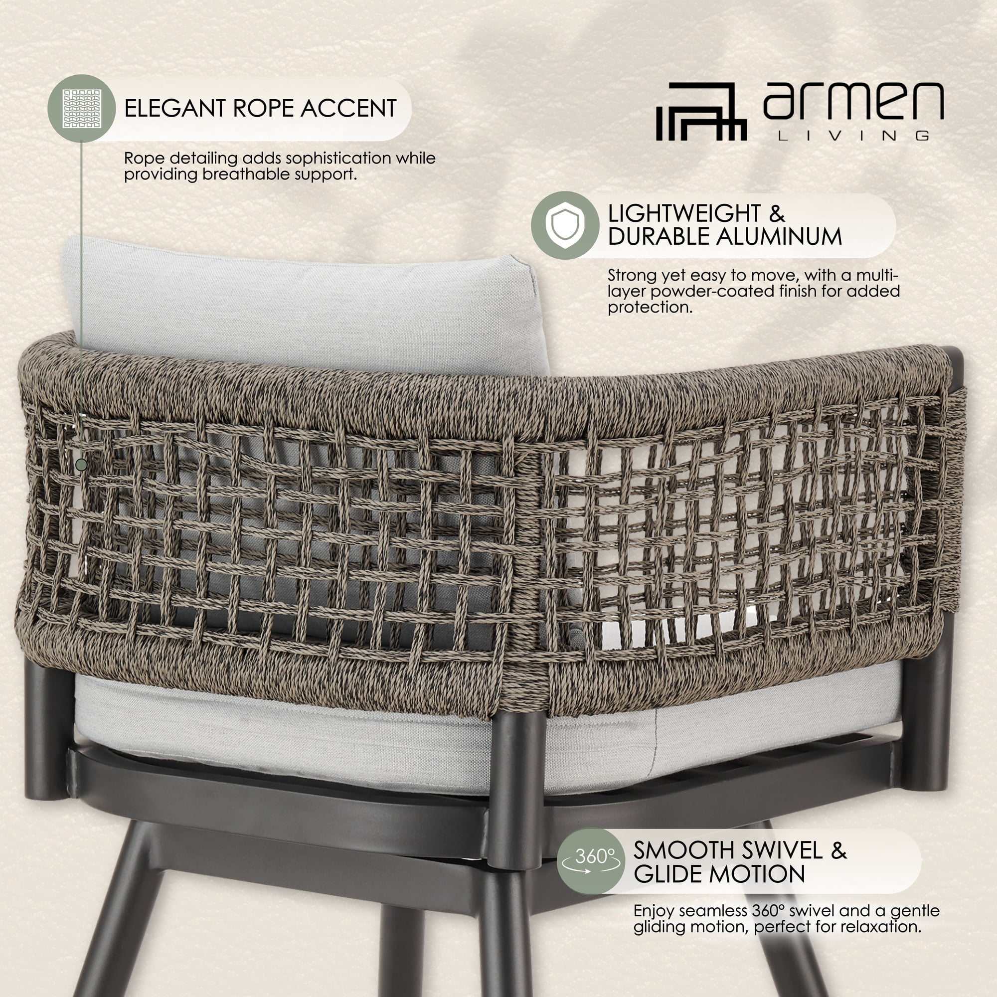 Alegria Outdoor Patio Swivel Counter Stool in Aluminum with Gray Rope and Light Gray Cushions - Set of 2