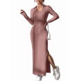 thumbnail image 3 of Women'S Casual Long Sleeve Collar V Neck Maxi Sweater Dress Slit Thigh Ribbed Knit Bodycon Pencil Dresses Pink S, 3 of 9