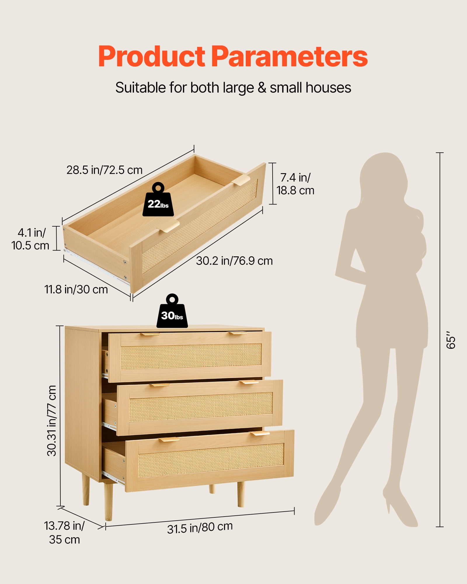 VEVOR 3 Drawer Rattan Dresser, Modern Closet Dresser for Bedroom, Natural Rattan Chest of Drawers with Metal Handles & Wooden Legs, Chest Clothing Organizer & Storage for Bedroom, Living Room