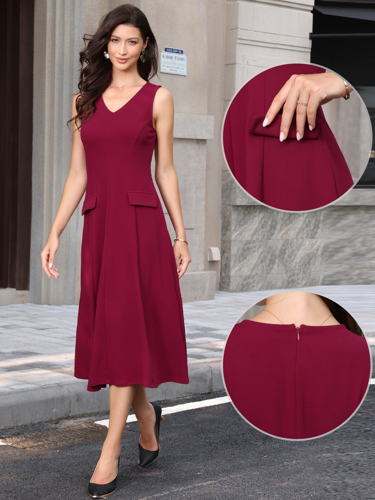 DARING DIVA Women's 2026 V Neck Office Work Sleeveless Midi A Line Dresses M Deep Red