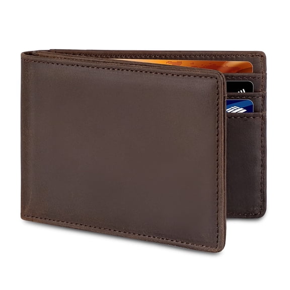 BROSHOPP Men’s Full-Grain Leather Bifold Wallet with RFID Blocking, 9 Card Slots, ID Window (Retro Brown)