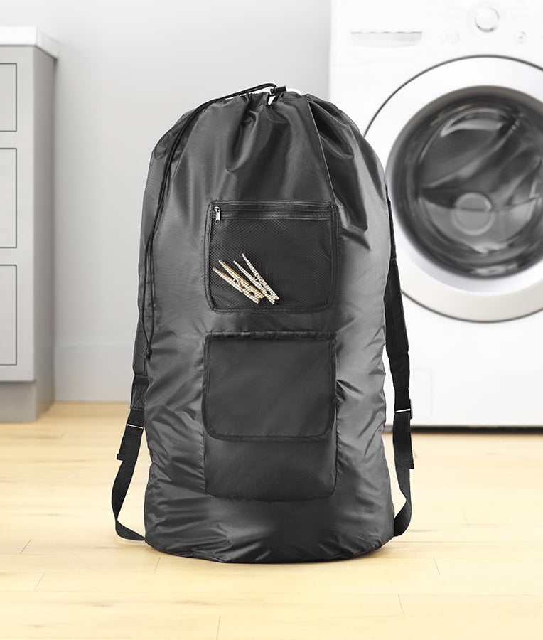 Whitmor Dura-Clean Laundry Backpack with Drawstring, Black