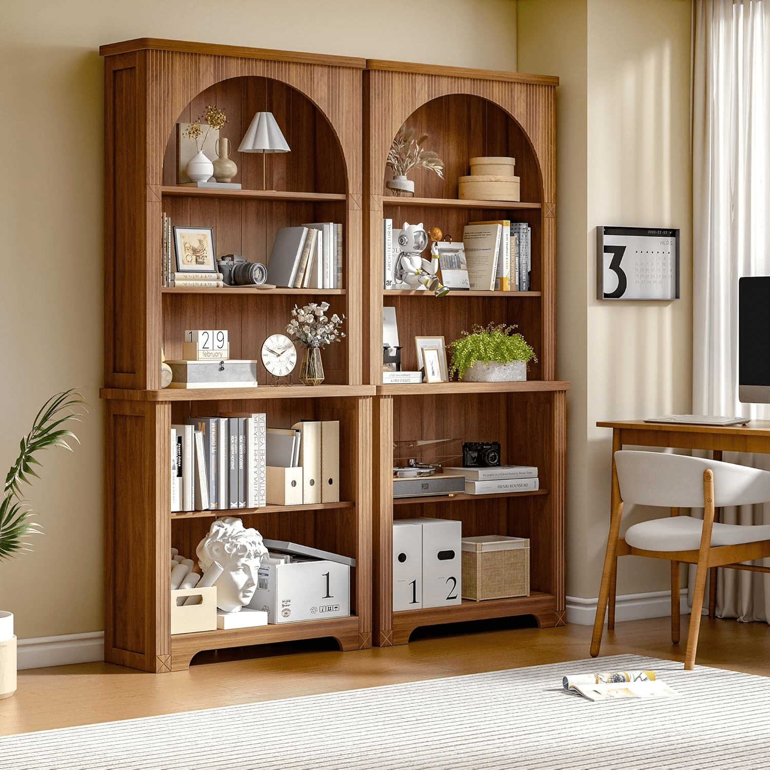 LEFHDA 2PCS 71" Tall Bookshelf, 5-Tier Bookshelf, Farmhouse Arched Bookcase, Open Display Storage Shelf Adjustable Bookshelf for Home Office, Living Room(Walunt)