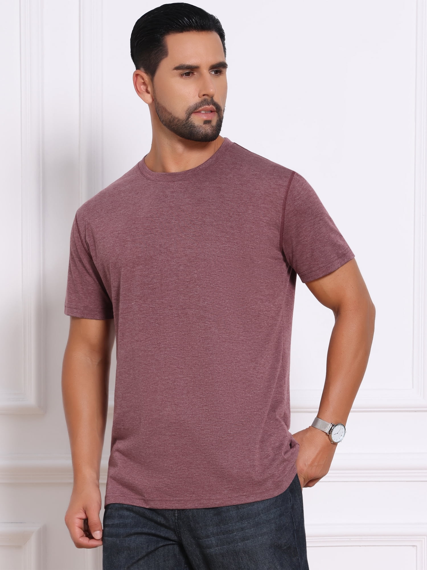 DARING DIVA Men's Crew Neck Short Sleeve Solid Color Retro Style T-Shirt S Burgundy