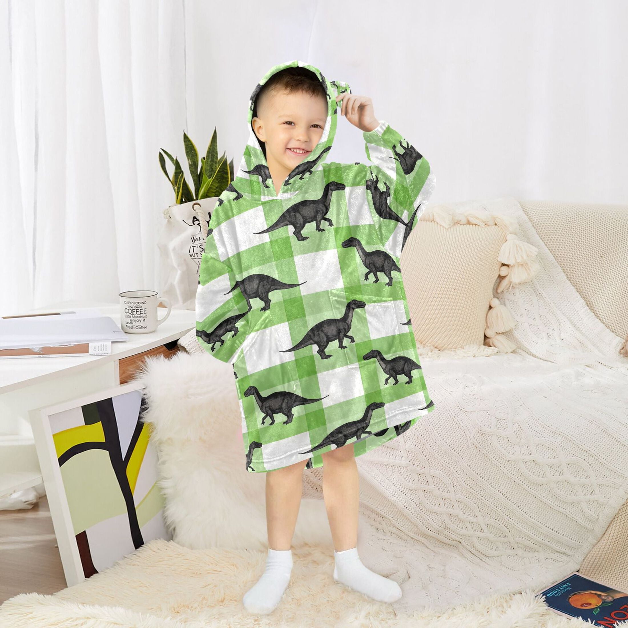 joogoo Blanket Hoodie for Dinosaur on Checkered Oversize Sweatshirt 3-14 YR L