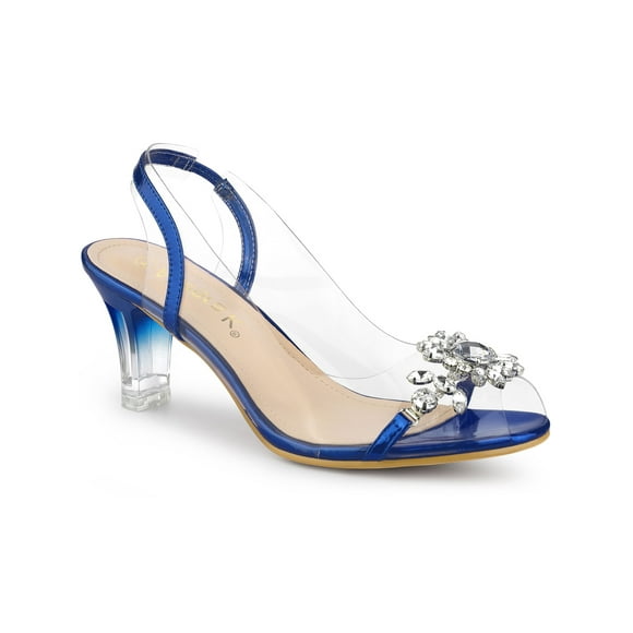 BLISSFUL STEP Women's Clear Slingback Flower Rhines Block Heel Sandals