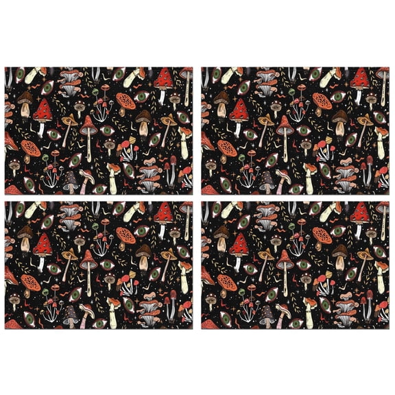 Colorful Mushroom Bird Black Pattern Summer Placemats Table Placemats Set Of 4-Linen Kitchen Washable Placemats Table Mats 11.8"x17.7" Non-Slip Heat Resistant