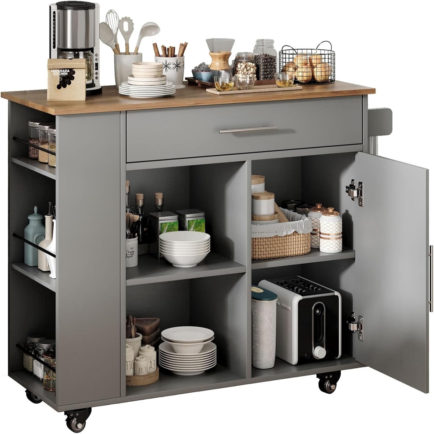 DreamCurship 39" Kitchen Island Cart with Storage, Kitchen Cart Island on Wheels, Rolling Kitchen Island with Spice Rack & Towel Rack, Island Table for Kitchen, Gray