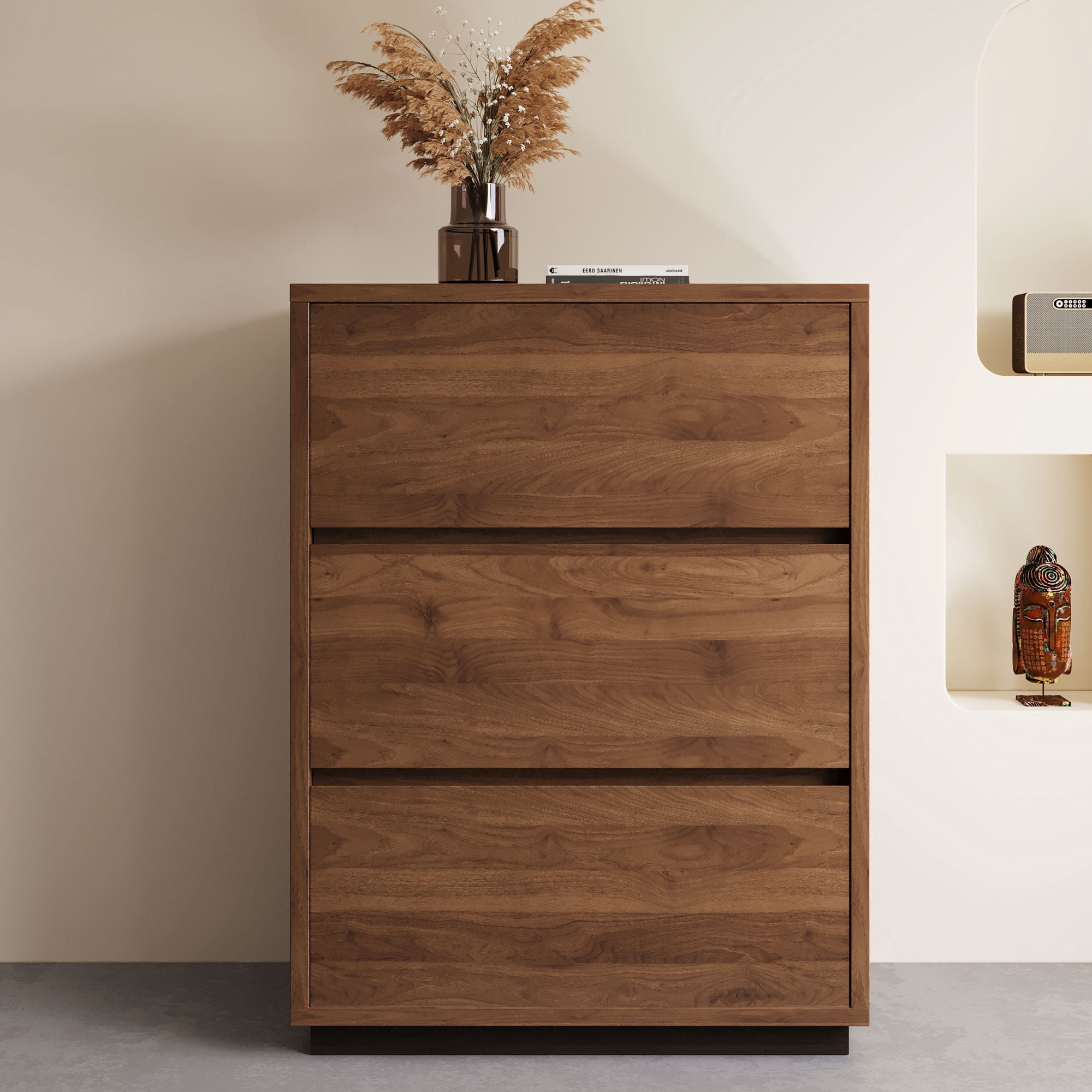 NessCarsti Modern Storage Cabinet with 3 Drawers and Shelves, Walnut Brown, 23.62"