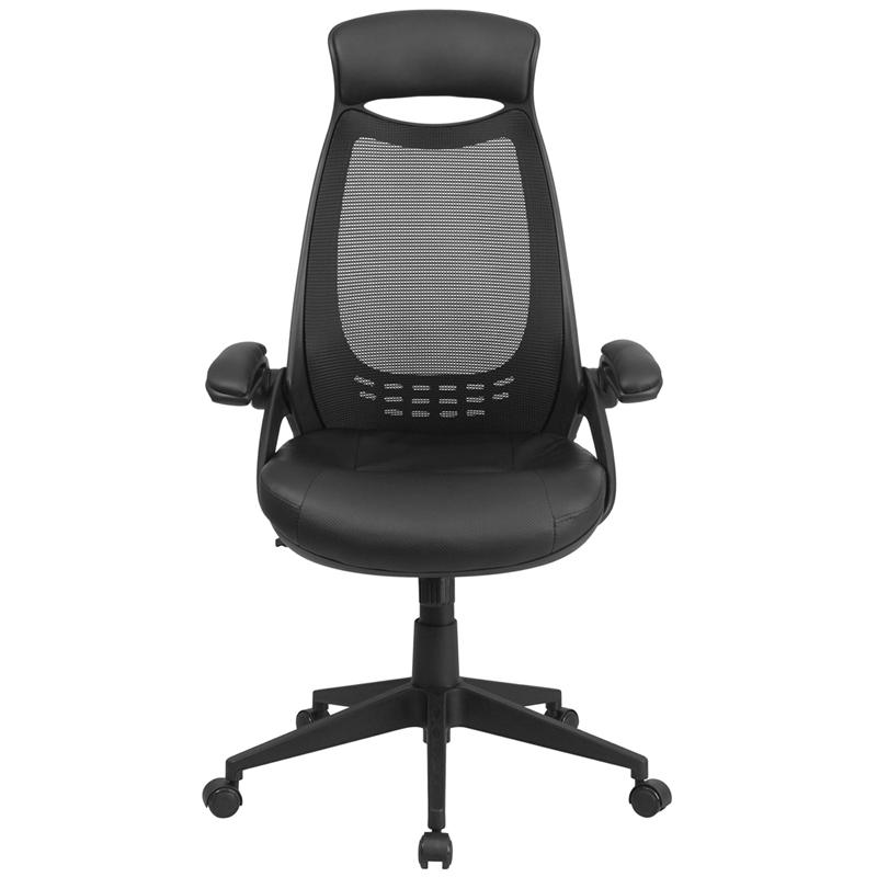Flash Furniture High Back Black Mesh Executive Swivel Office Chair with Leather Padded Seat and Flip-Up Arms - image 2 of 4