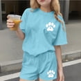 thumbnail image 2 of Kilaqueen Teen Girl Cute Paw Print Summer 2 Piece Outfits Loose Crewneck Short Sleeve T-Shirt Matching Shorts Sets, 2 of 8