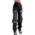 thumbnail image 1 of Gupgi Women's High Waist Ripped Jeans, Black, Size S, 1 of 5