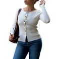 thumbnail image 3 of Women's Crewneck Long Sleeve Button Down Knit Cardigan Sweater White L, 3 of 7