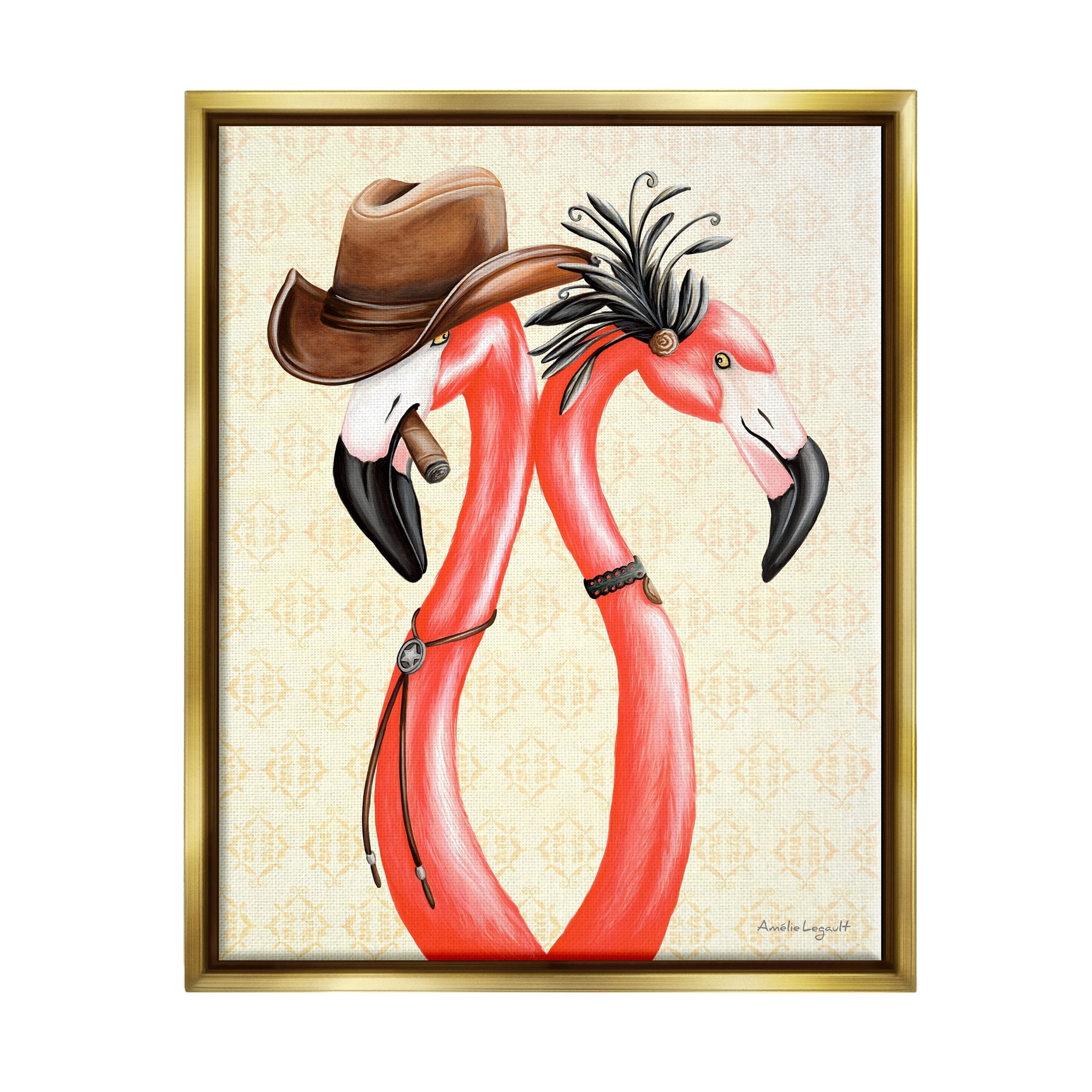 Stupell Industries Vintage Flamingos Cowboy Hat Antique Fashion Outfit Graphic Art Metallic Gold Floating Framed Canvas Print Wall Art, Design by Amelie Legault