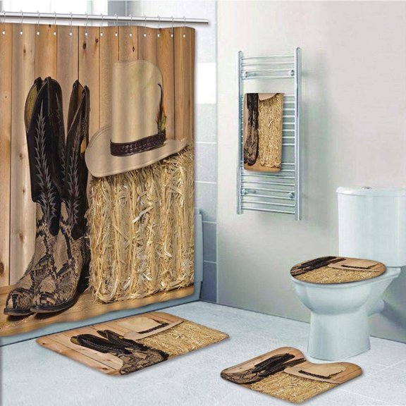 PRTAU Snake Skin Cowboy Boots Timber Planks in Barn with Hay Old West Austin Texas 5 Piece Bathroom Set Shower Curtain Bath Towel Bath Rug Contour Mat and Toilet Lid Cover