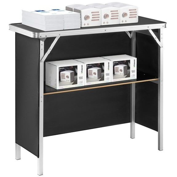 Portable Folding Podium Table with Storage Shelf & Black Skirt – Perfect for Exhibitions, Parties, Picnics, Indoor & Outdoor Events, Includes Carrying Case, 38.39" x 15.16" x 34.25"