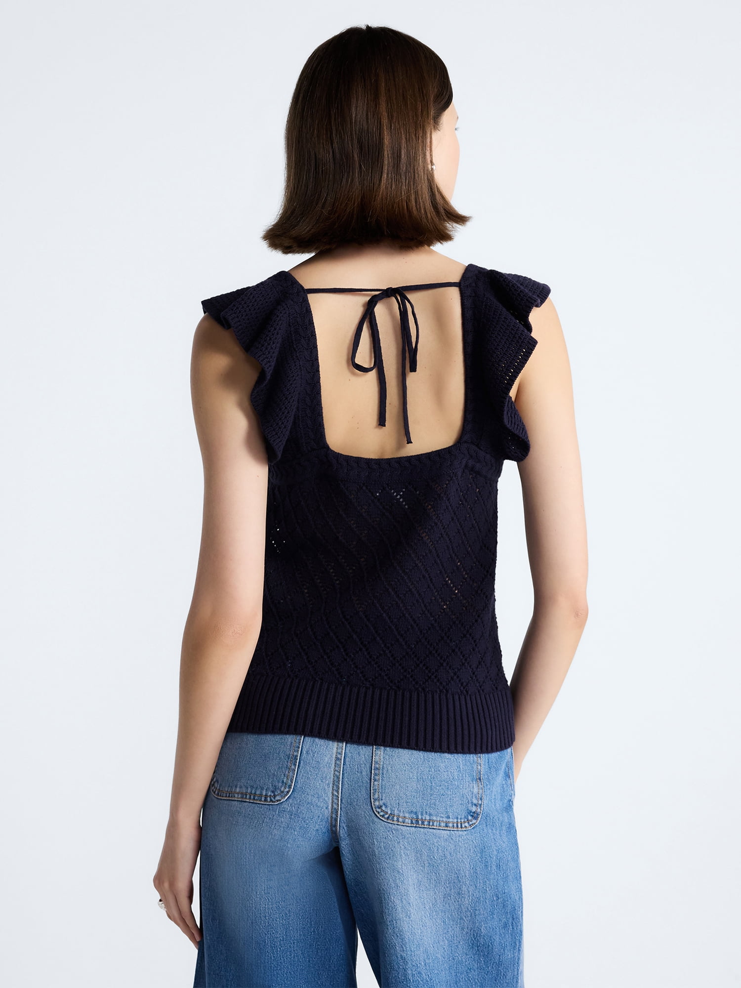 Free Assembly Women's and Women's Plus Square Neck Cotton Sweater with Flutter Sleeves, Sizes XS-4X