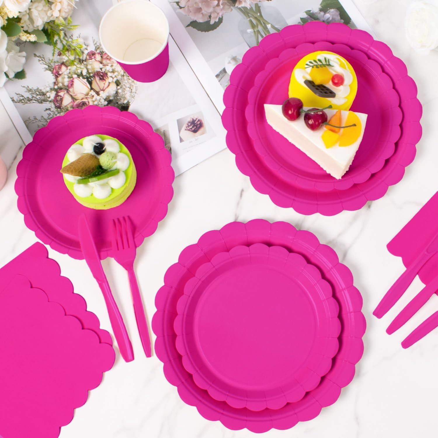 175 Pcs Hot Pink Disposable Paper Plates and Napkins Set for 25, 9" Dinner Plates & 7" Dessert Plates, Tableware for Birthday, Bachelorette, Party