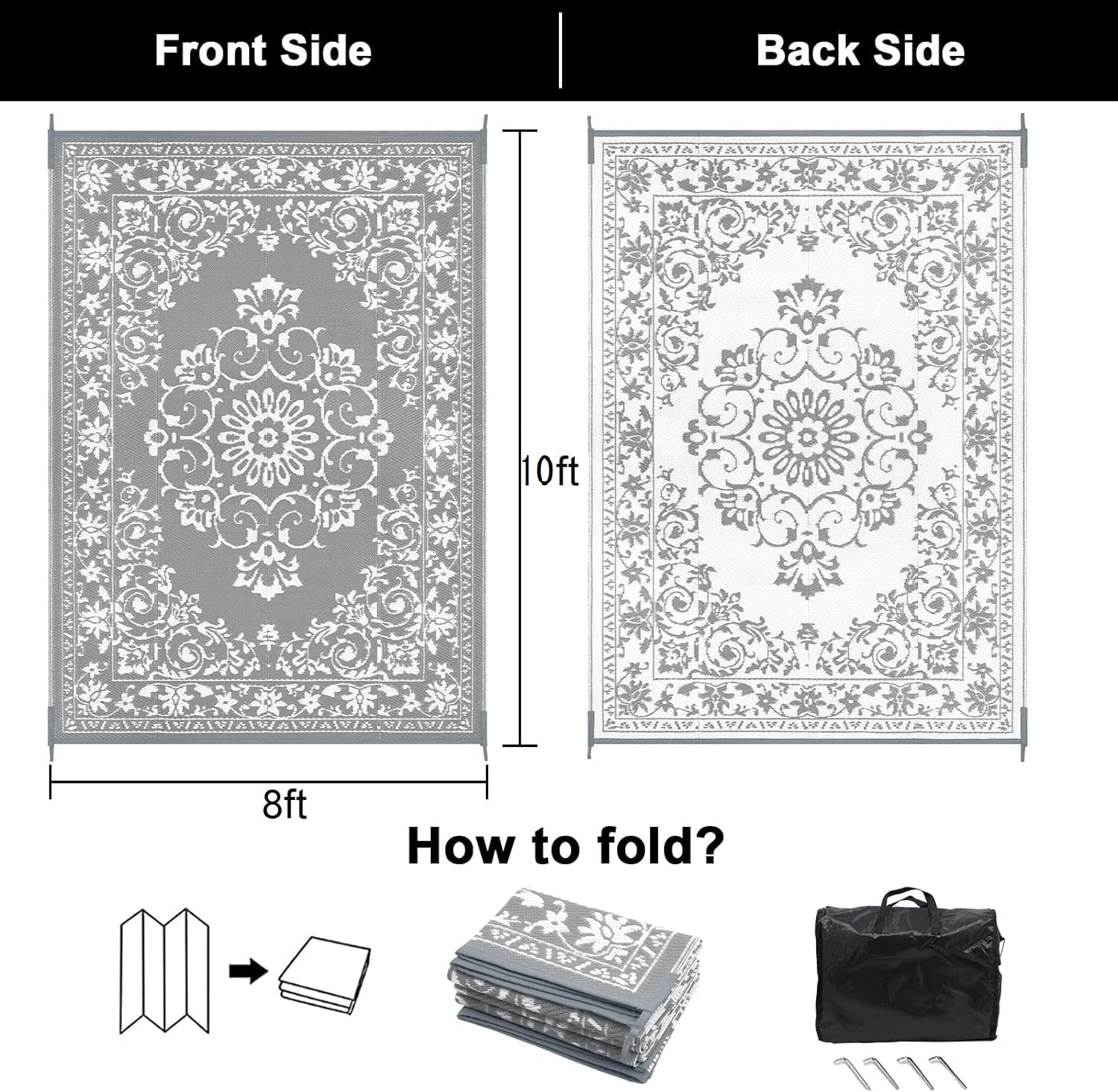 Findosom 8'x10' Boho Mandala Outdoor Rug Patio Rug Large Reversible Plastic Straw Rug RV Outdoor Mat Waterproof Foldable Portable Camping Mat for RV,Patio,Backyard,Deck,Picnic,Beach Gray