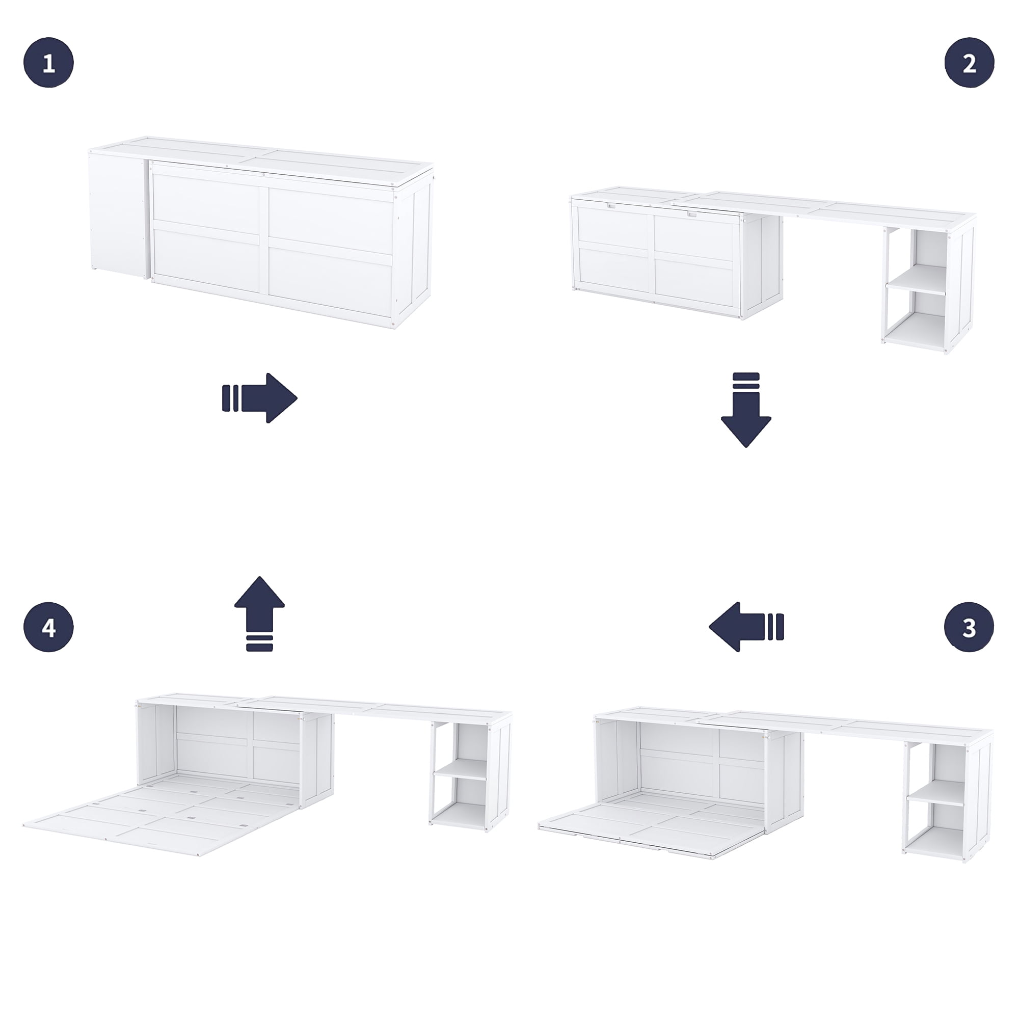 Bellemave Murphy Bed Queen Size, Murphy Cabinet Bed with Rotable Desk and Shelves, Easy Fold Wood Murphy Floor Bed for Guest Room Home Office（White)
