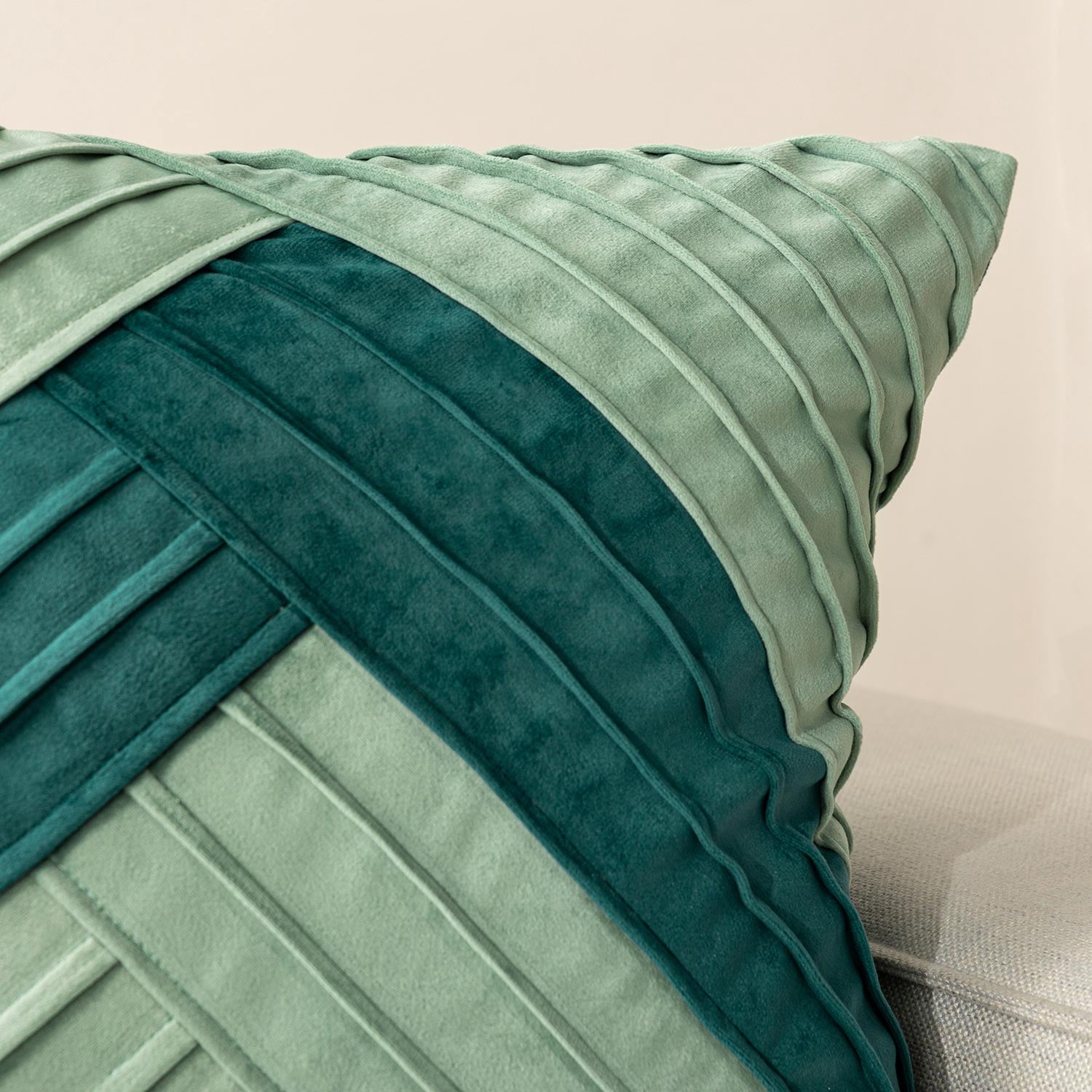Phantoscope Pleated Velvet Geometric Throw Pillows, Chevron Patchwork Decorative Accent Pillows, Sage and Teal Green, 18 x 18 in, Set of 2