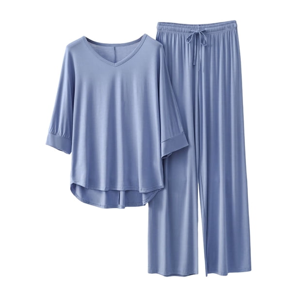 Conjunto de pijama de manga 3/4 para mujer: top con cuello en V y pantalones con cintura elástica, tejido de poliéster, ropa informal para estar por casa - Tallas L/XL