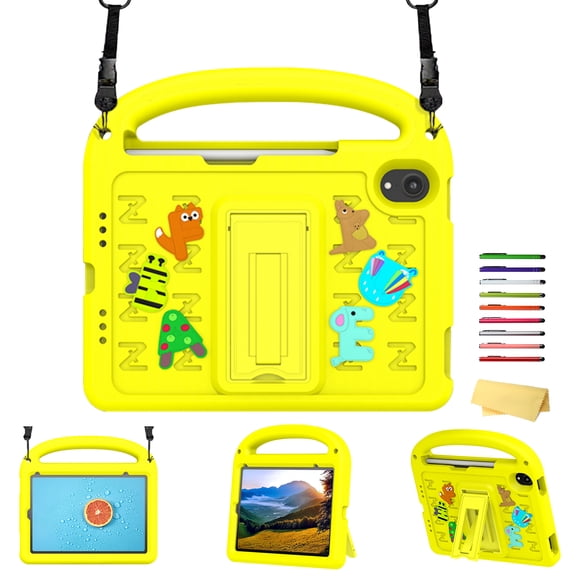 Allytechgroup Kids Case for iPad Mini 7 A17 Pro 2024 Model 8.3 Inch,iPad Mini 7th Generation Case with Pencil Holder/Hand Strap/Handle/Kickstand Cute Cartoon 3D DIY Kawaii Soft EVA Stand Cover,Yellow