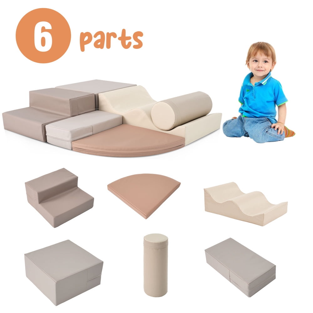6 in 1 Soft Climb and Crawl Foam Playset for Baby, Toddler Indoor Play Equipment with Ramp, Steps, Wave Mat, Cylinder, EPE Foam,Warm Gray