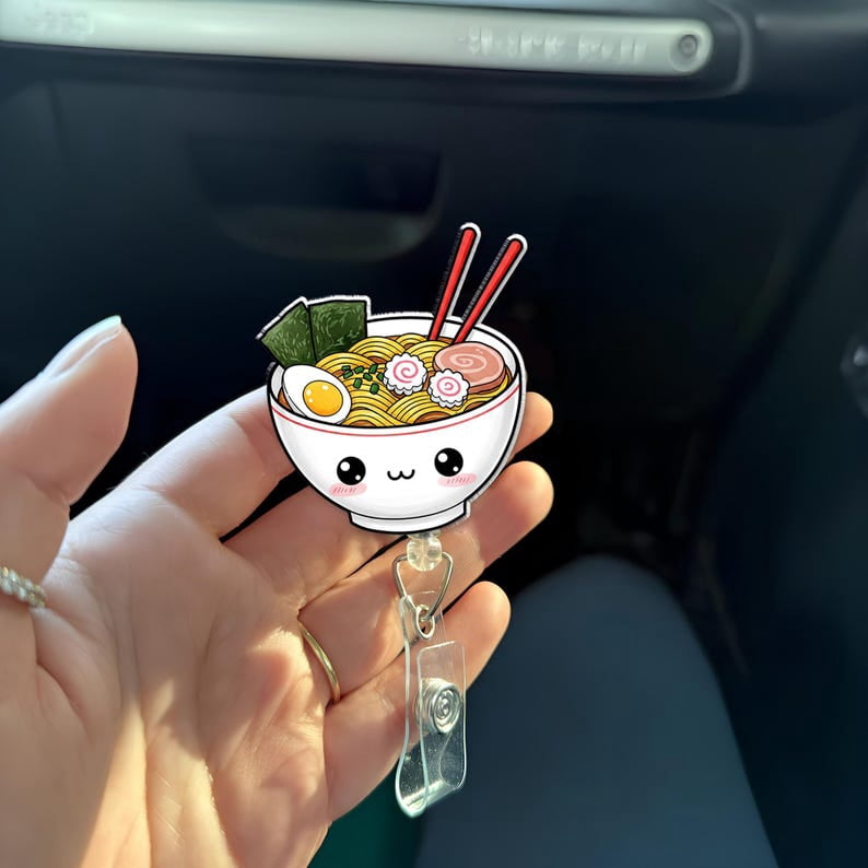 ViciArt Kawaii Ramen Badge Reel, Acrylic Retractable ID Holder, Cute Noodle Bowl Clip