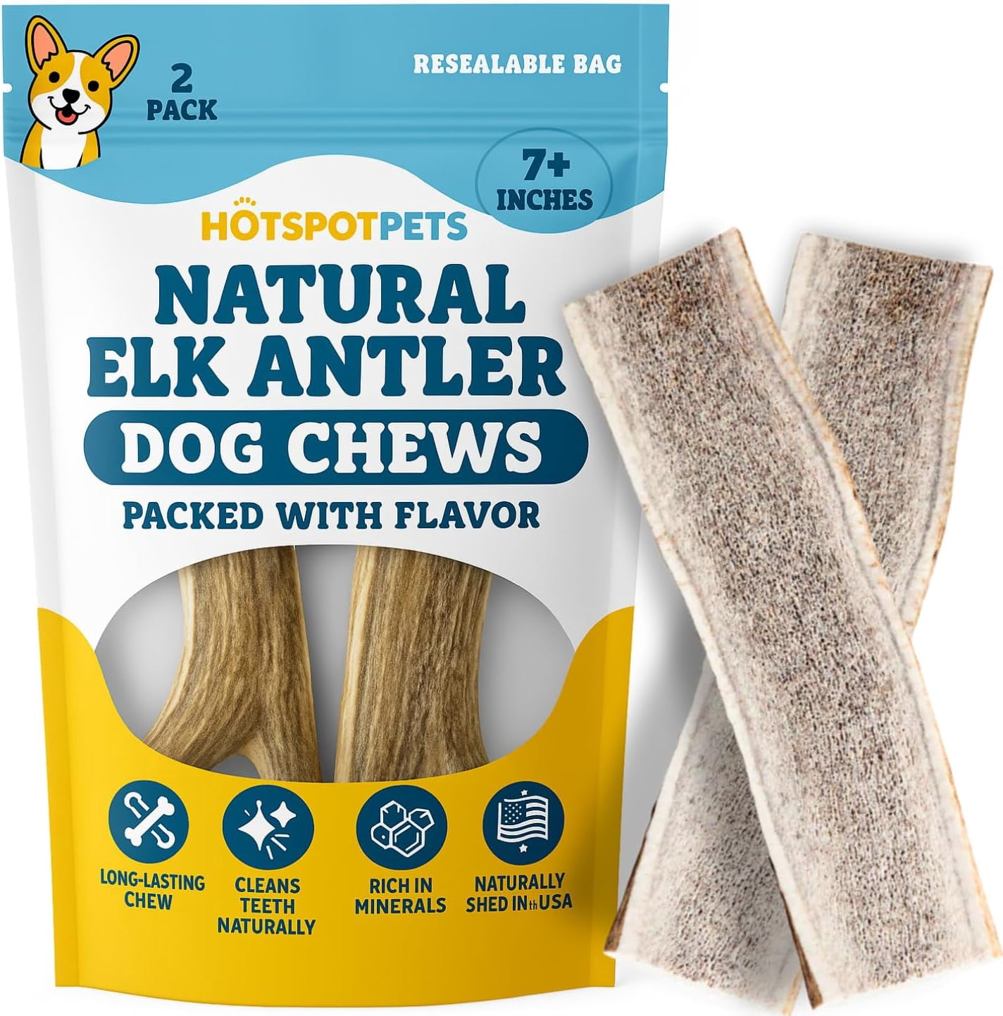 HotSpot Pets Premium Split Elk Antlers for Dogs - 7 Inch Large Rawhide Chews (2 Pack) - Made in USA