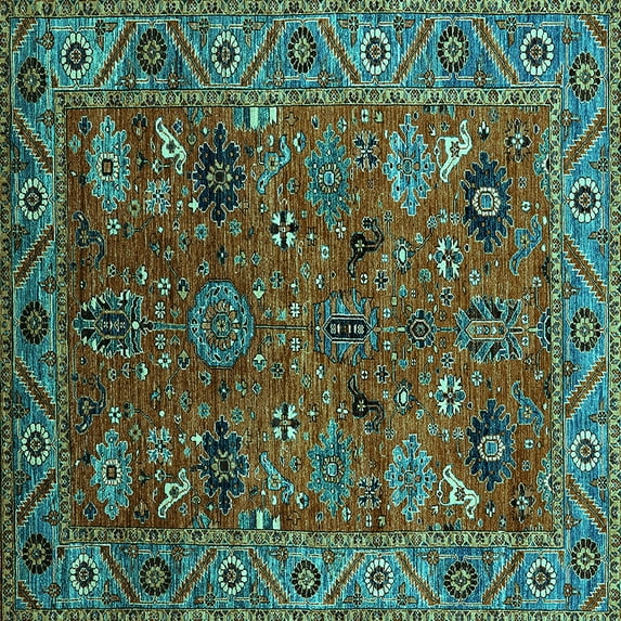 Ahgly Company Machine Washable Indoor Square Oriental Turquoise Blue Traditional Area Rugs, 5' Square