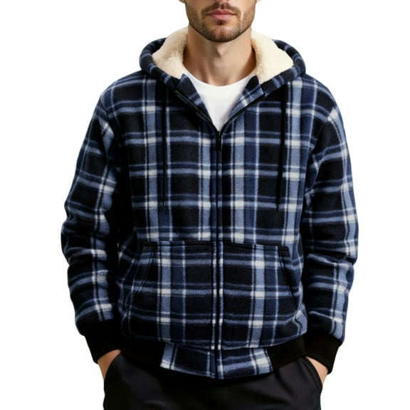 Men's Fleece Lined Plaid Hooded Jacket Full Zip Long Sleeve Overcoat with Elastic Cuffs and Pockets Multicolor 3XL