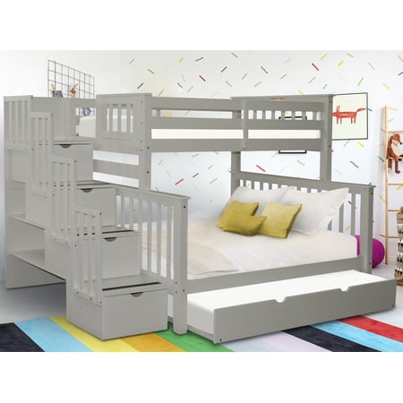 Bedz King Stairway Bunk Beds Twin over Full with 4 Drawers in the Steps and a Twin Trundle  Gray