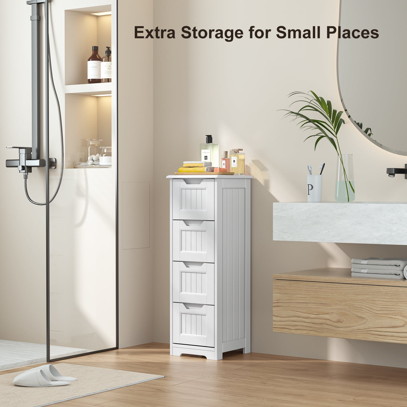 Storage Cabinet, Lofka 33" Small Bathroom Floor Cabinet with 4 Drawers, White