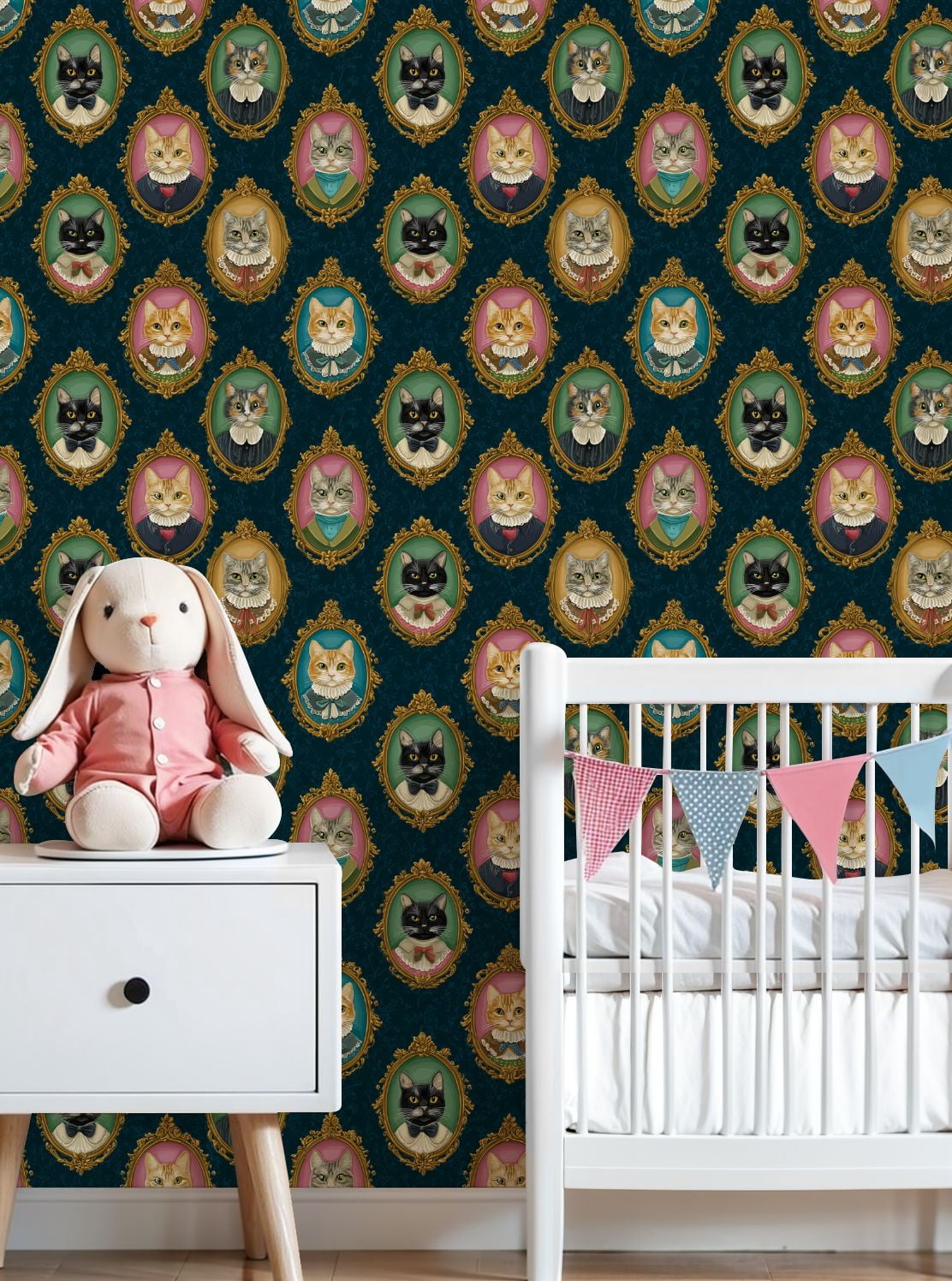 Vintage Peel and Stick Wallpaper Cat Portraits Ruffled Collars Ornate Frames Wall Mural 23.6in x 9.8ft Self Adhesive Removable Wall Paper Renter Friendly Wallpaper for Nursery Bedroom Cabinets