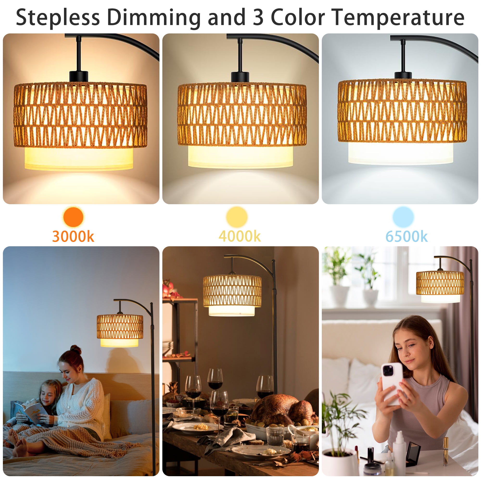 JOPESO Boho Floor Lamp with Remote, Standing Lamp with 3 Color Temperatures Adjustable Tall Lamps Dimmable Rattan Lampe with Fabric Shades for Living Room Bedroom