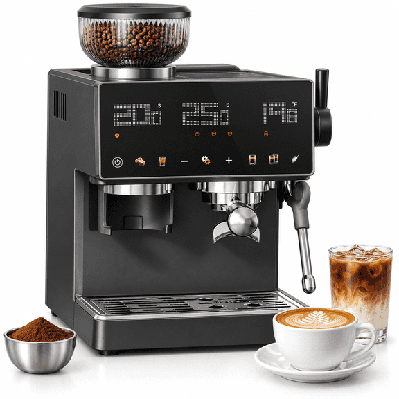 Sunmaki 20 Bars Espresso Machine with Built-In Grinder, 20 Bar Semi-Automatic Espresso Machine with 40 Grind Settings, 58mm Portafilter, Cold Brew Mode and Steam Wand, Black Gray
