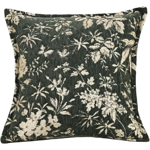 Dark Green Vintage Floral Pillow Cover – Botanical Pattern Decorative Cushion Case, Textured Woven Fabric 18×18 Inch Throw Pillow Cover Only (Insert Not Included)