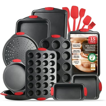 Virtu Nonstick Bakeware Set - 15 PC Baking Pan Tray Set With Silicone Handles & Utensils, Baking Sheet, Carbon Steel Cookie Sheets, Baking Dish, Baking Pans, Black