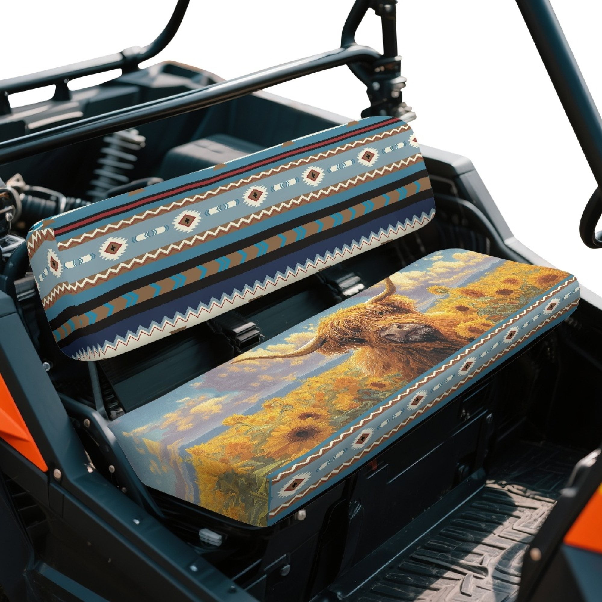 ZIATUBLES 2-Pack UTV Seat Covers Universal Fit Polyester Protector Set for Kawasaki Mule 3000/3010/3020 Bench Seats, Easy Installation & Clean, American Tribal Highland Cow Sunflower Print