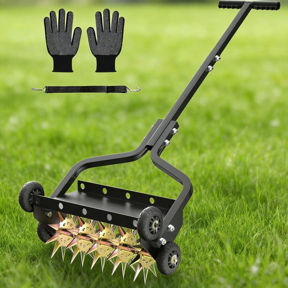 DKMOCO 18in Lawn Aerator, Upgraded Heavy Duty Manual Lawn Aerators Tool w/ 3D Steel Tines and 4 Wheels, Push Spike Aerator Suitable for Garden, Lawn and Yard
