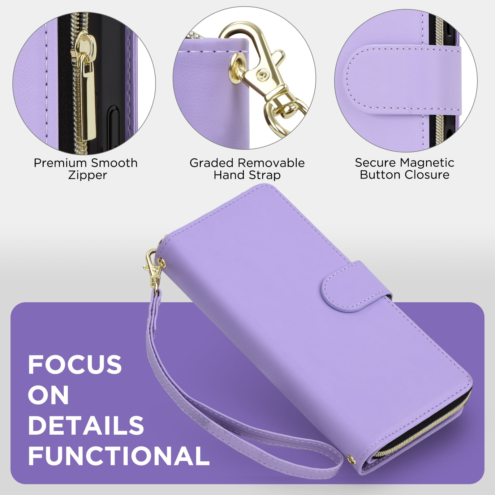 for Samsung Galaxy A16 5G Crossbody Wallet Case with 9 Card Holders, Cash Slot, Photo Slot, Zipper Pocket PU Leather Magnetic Snap Wallet Phone Case with Flip Stand & Wrist Strap & Lanyard, Purple