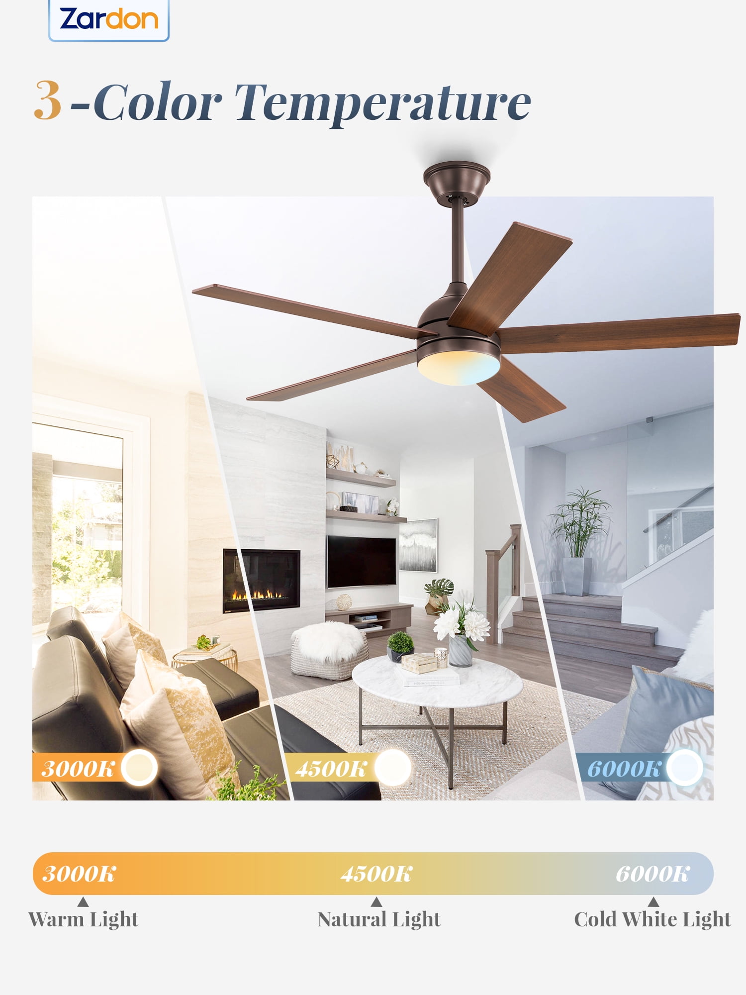 Zardon 48in Ceiling Fans with Light and Remote Control, Modern Flush Mount Ceiling Fans with 6-Speed for Indoor, Outdoor, Brown
