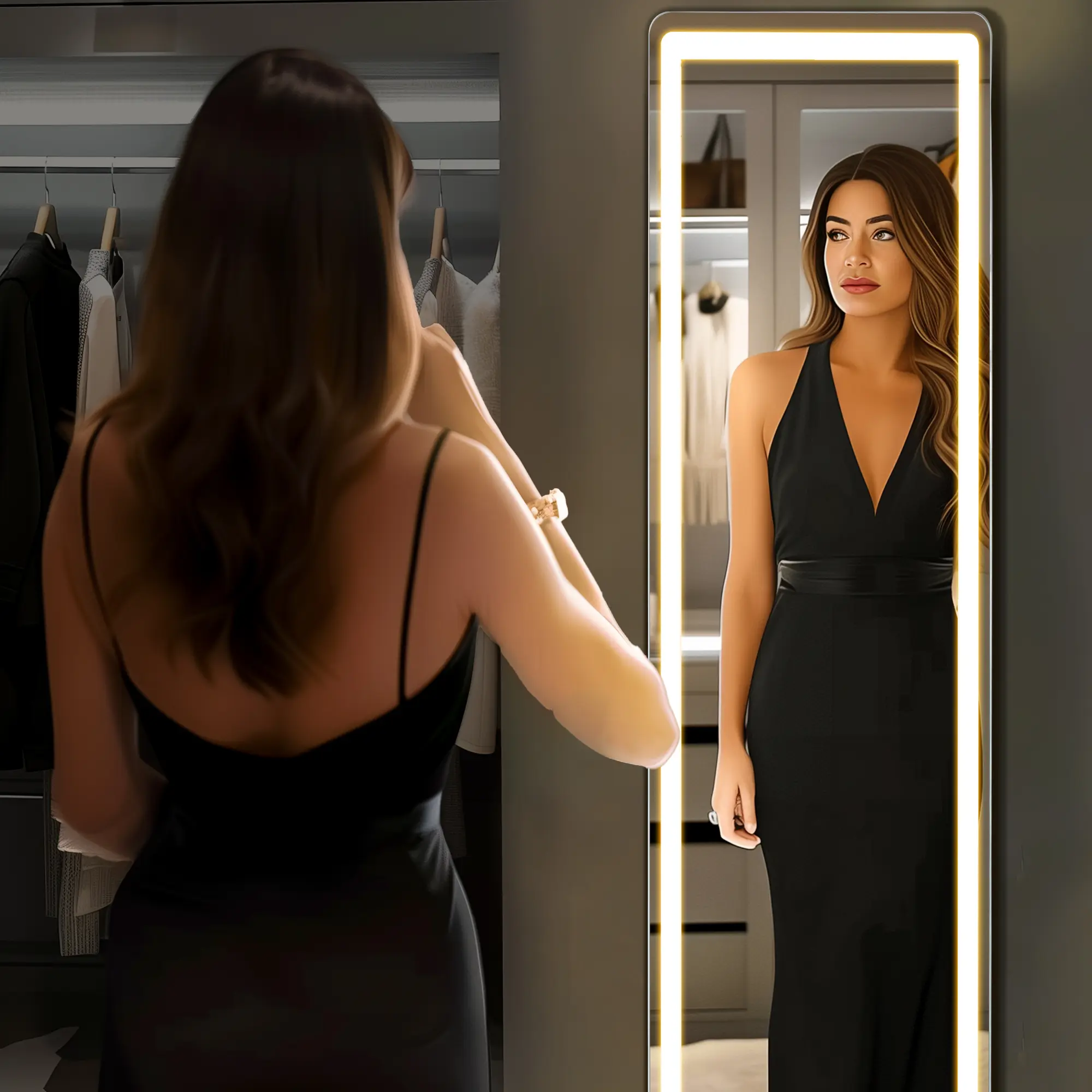 Aukfa 60" x 16" LED Full Length Mirror, Wall Mounted Floor Standing with Touch Control & 3-Color Dimmable Lights