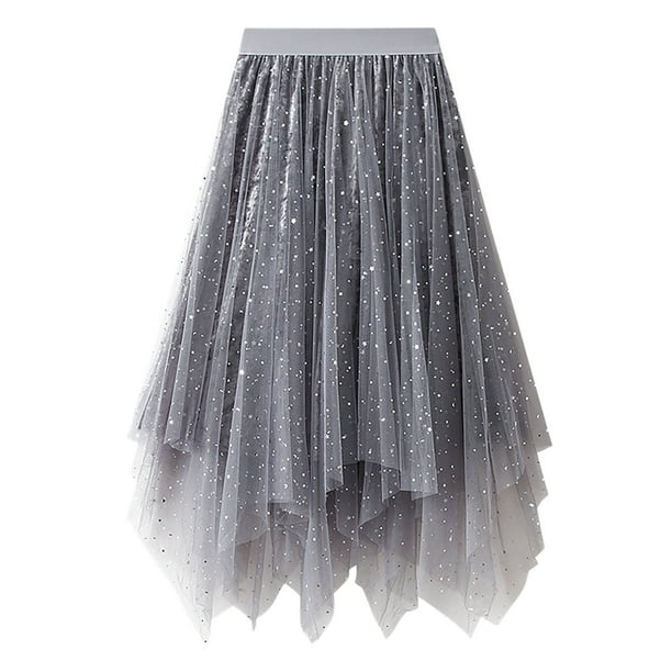 Falda midi de tul con corte en A para mujer - Vestido de malla con cintura elástica y diseño de hilo irregular, poliéster, adecuado para fiestas/ocasiones informales