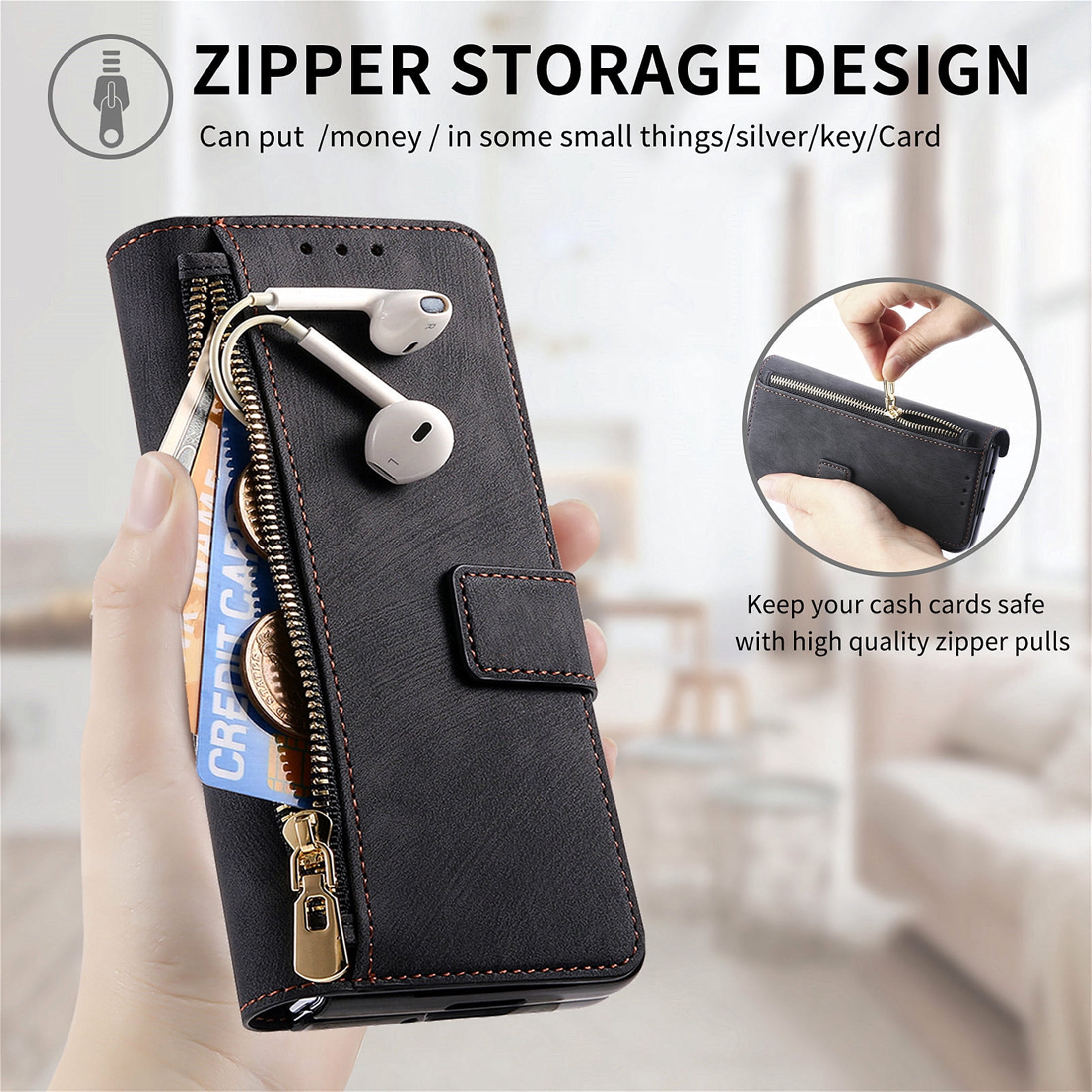 CCSmall for Samsung Galaxy Z Fold 6 5G Detachable Magnetic Wallet Phone Case, RFID Blocking Material Retro Folio Flip Leather Case Zipper Purse Cover with Card Slots for Galaxy Z Fold6 KQX Black