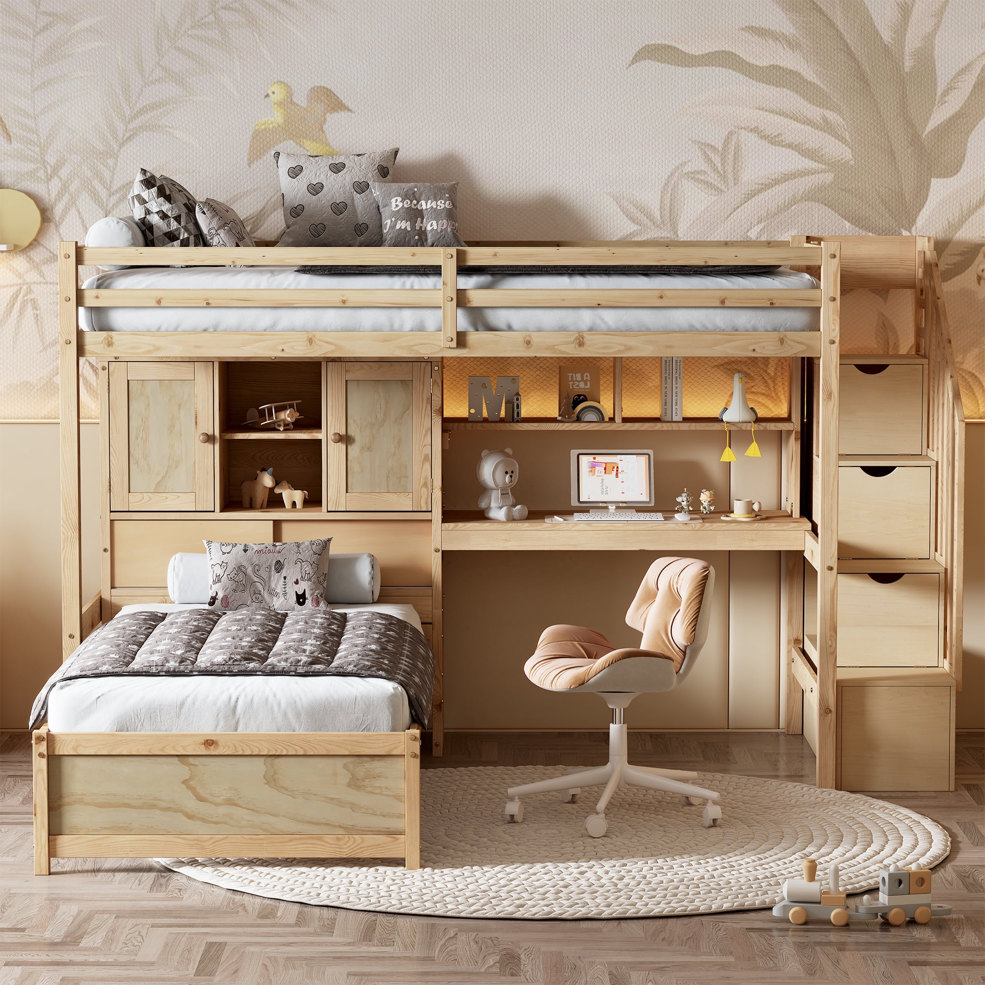 EUROCO Twin over Twin Bunk Bed with Desk and Shleves, Bookcase and Staircase for Kids Teens, Natural